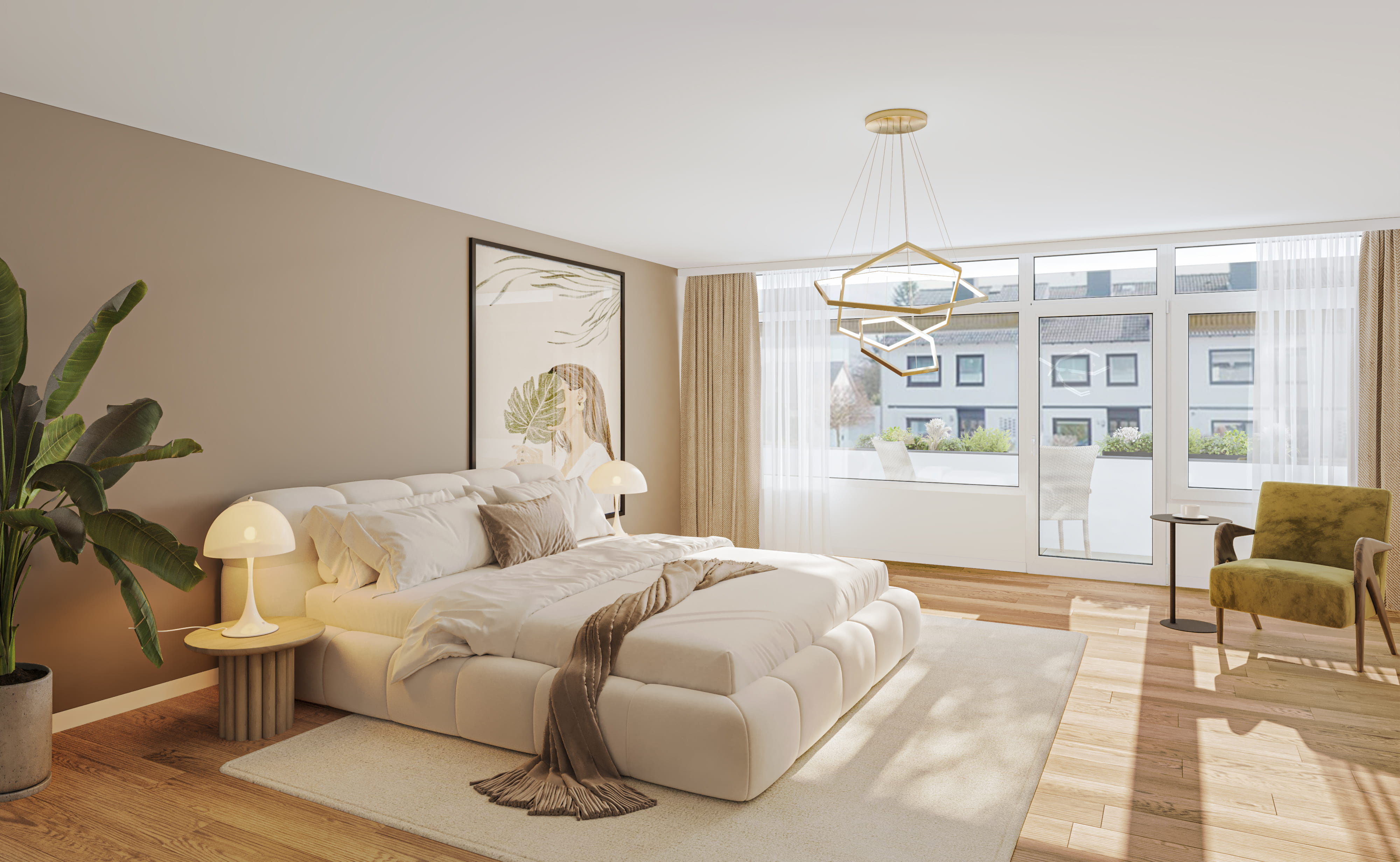 Virtuelles Home Staging eines hellen, gemütlichen Schlafzimmers. Das Digital Home Staging zeigt ein Raumkonzept im Einrichtungsstil modern mit einem großen weißen Polsterbett, hellem Holzboden, beiger Akzentwand, eleganter goldener Deckenleuchte und einer großen Fensterfront.